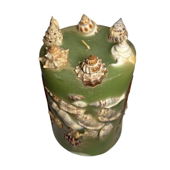 Decorative Green Seashell Pillar Candle Embedded Nautical Shell Design Dynan INC - Picture 1 of 9